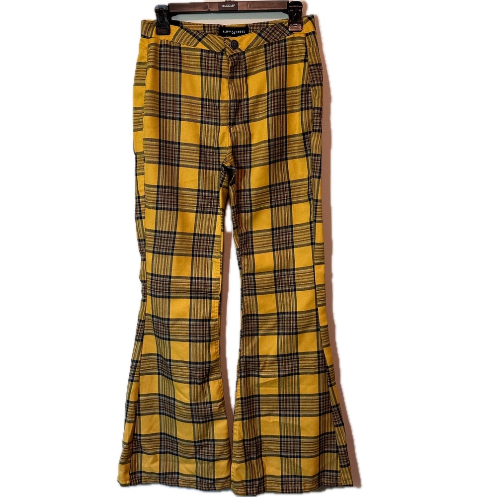 Almost Famous Yellow Plaid Flare Pants Women Size 3 High Waisted 90s Trousers